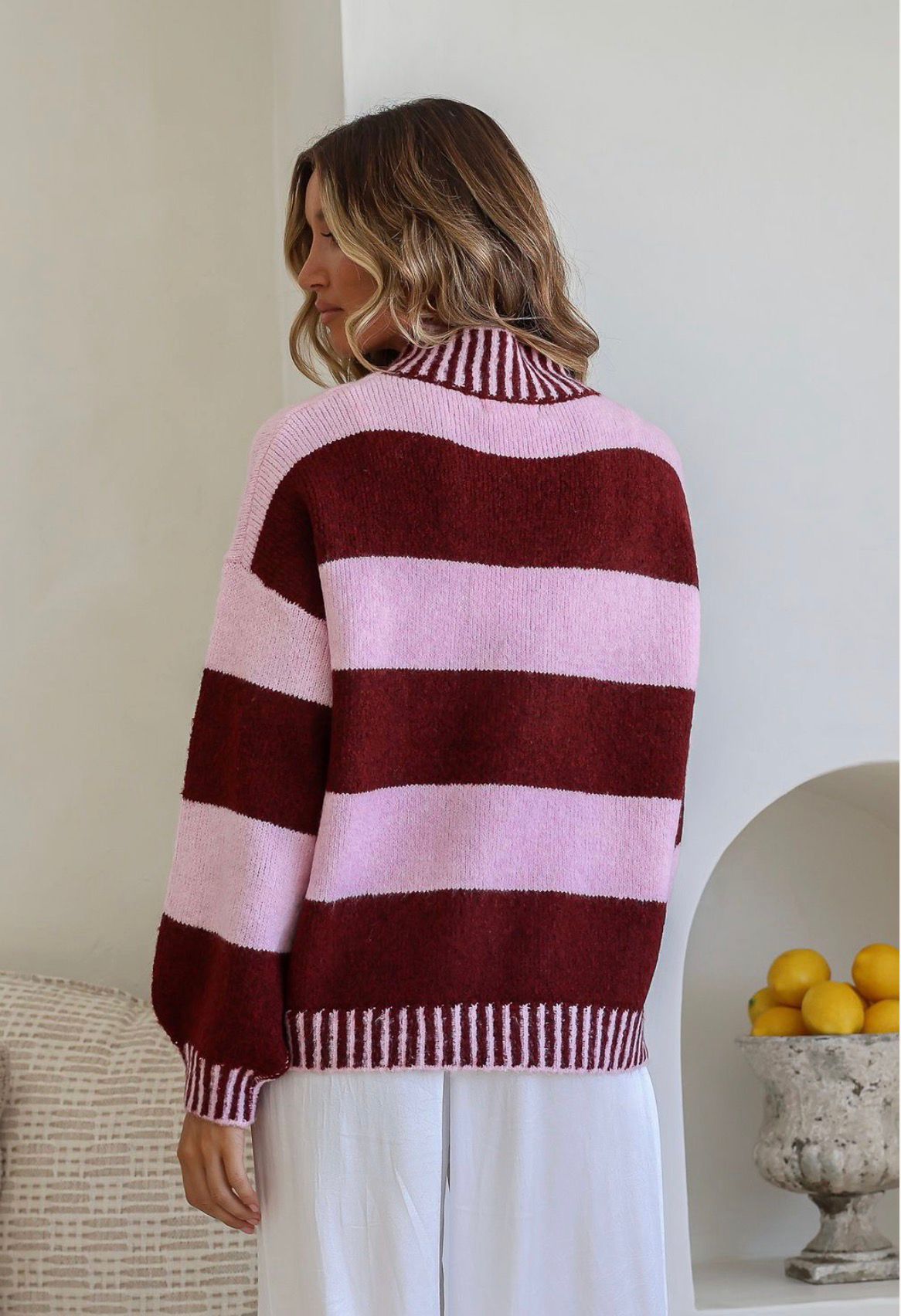 PRE ORDER - TILDA - VINO / PINK relaxed funnel neck knit