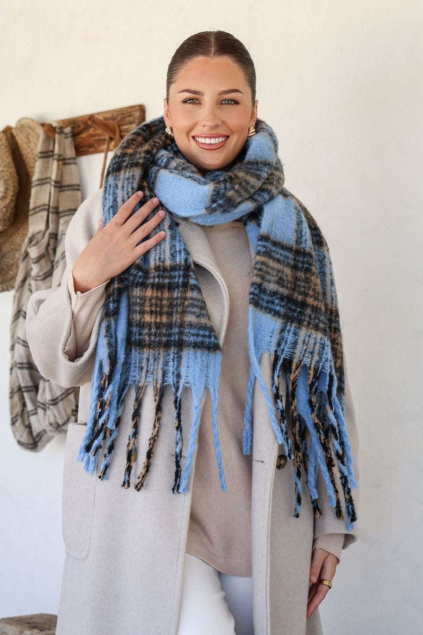 RHI RHI  - Blue & Chocolate scarf with tassels