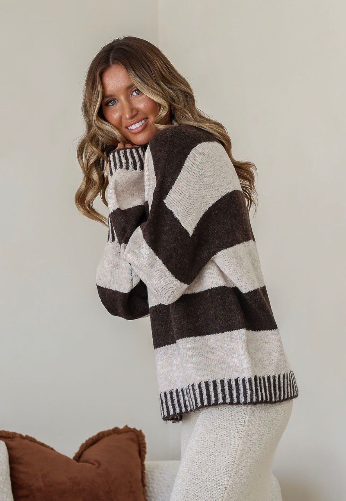 PRE ORDER - TILDA - CHOC / NATURAL relaxed funnel neck knit