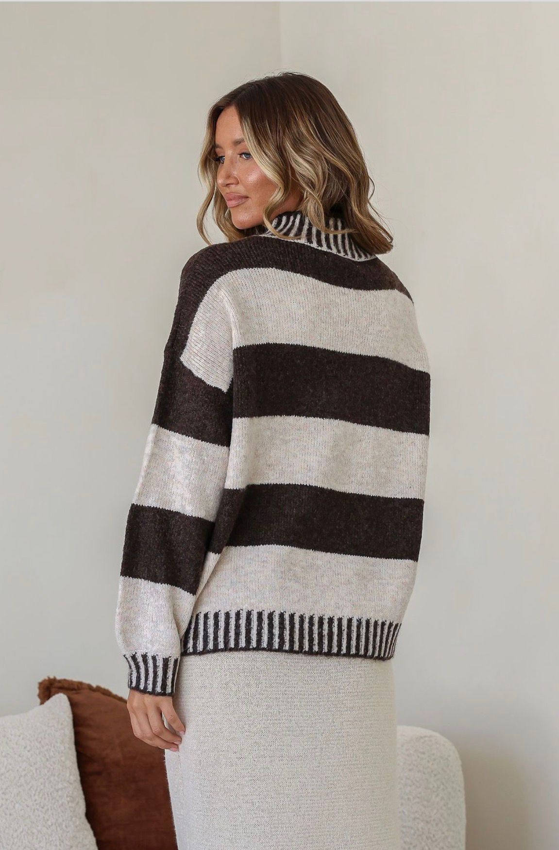 PRE ORDER - TILDA - CHOC / NATURAL relaxed funnel neck knit