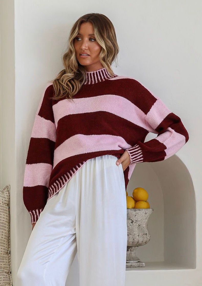 PRE ORDER - TILDA - VINO / PINK relaxed funnel neck knit
