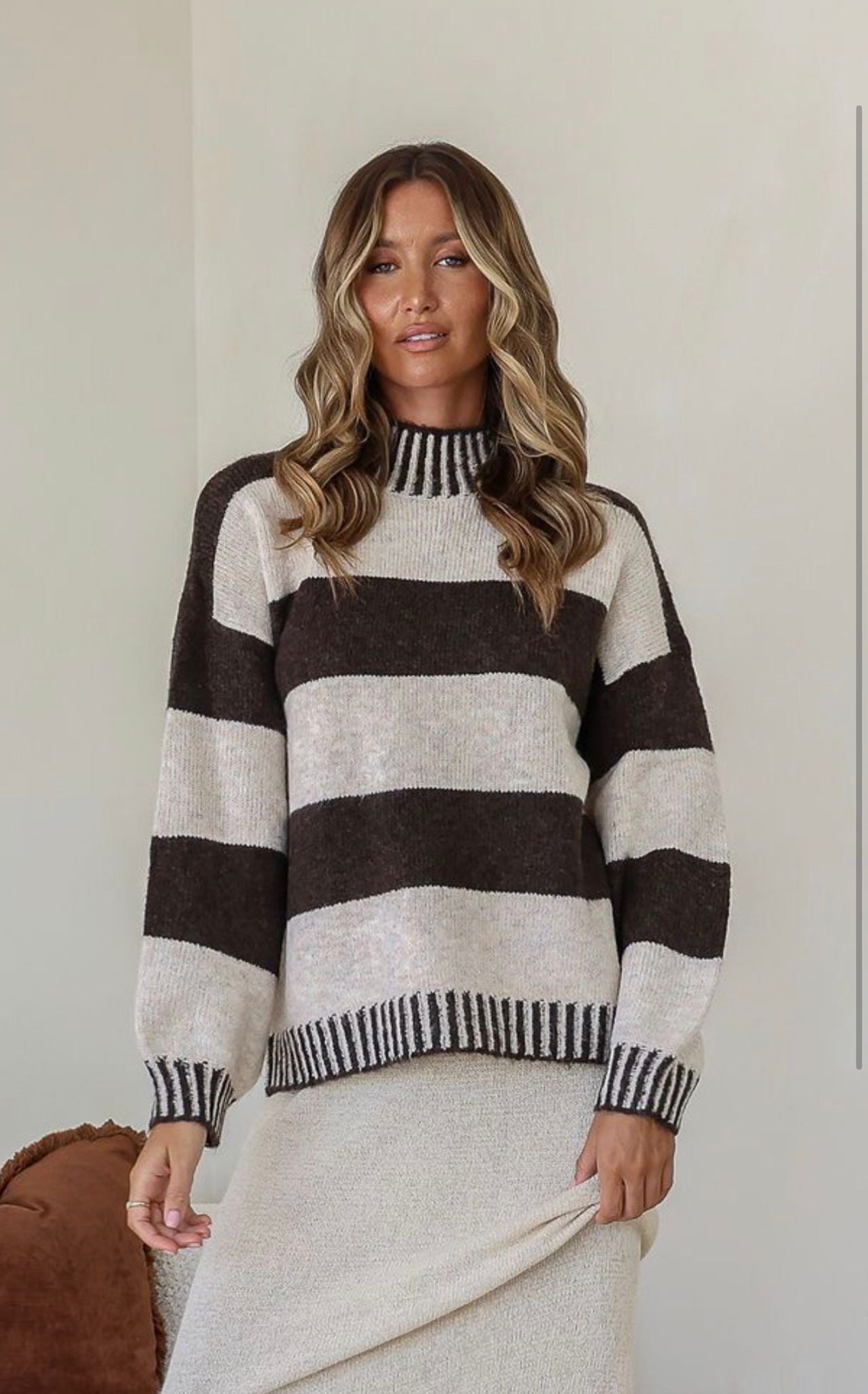 PRE ORDER - TILDA - CHOC / NATURAL relaxed funnel neck knit