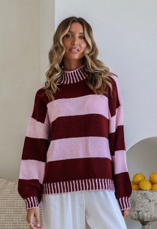 PRE ORDER - TILDA - VINO / PINK relaxed funnel neck knit